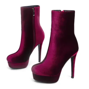 Wine Red Suede Platform High Heel Ankle Boots