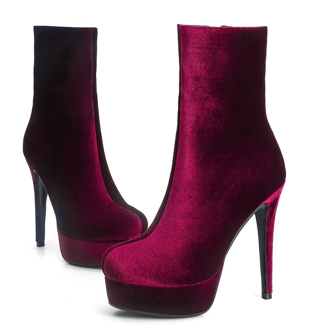 Wine Red Suede Platform High Heel Ankle Boots