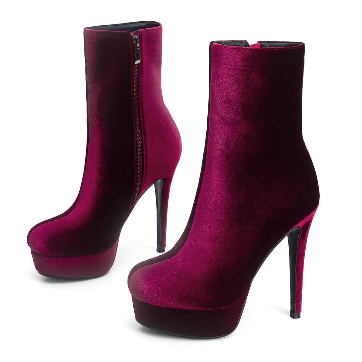 Wine Red Suede Platform High Heel Ankle Boots